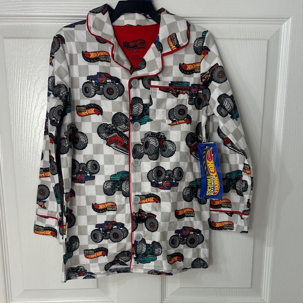 Kids Hot Wheels Monster Trucks Pajamas - White with Red and Black Accents